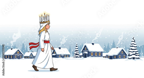Saint lucia walking in a snowy scandinavian village during winter.