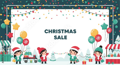 Cute children shopping at a festive christmas sale market frame.