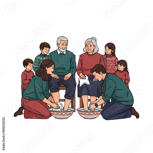 Man and woman washing feet of elderly parents with family watching.