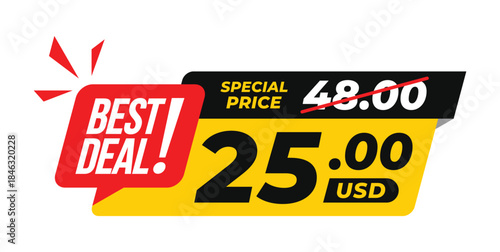 Price before and after modern sale banner with big discount price tag, crossed old price, and best deal words. For icon, logo, sign, symbol, tag, stamp, button. Vector illustration