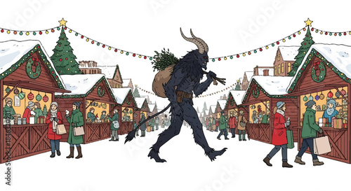 Krampus walking through a bustling christmas market.
