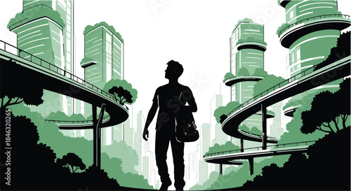 Silhouette of a person walking towards a futuristic green city with elevated pathways and lush vegetation.