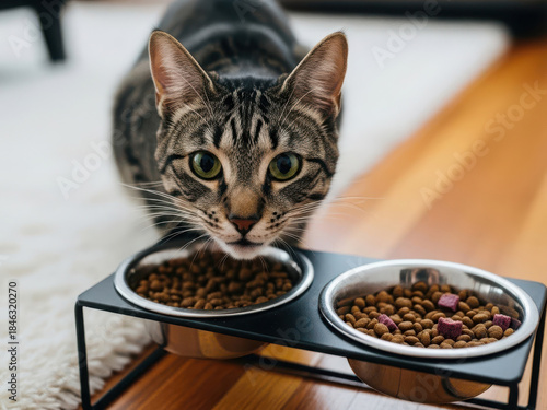 Curious cat near food bowls isolated on white background