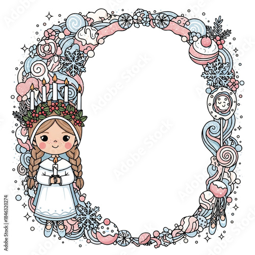 Cute santa lucia girl border with sweets and snowflakes.