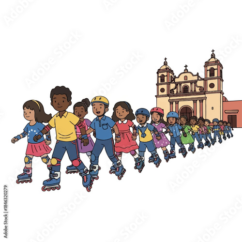 Kids holding hands inline skating past a historic church building.