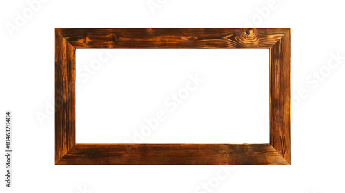 Empty Rectangular Rustic Wooden Frame with Dark Wood Grain Texture Isolated on Black Background