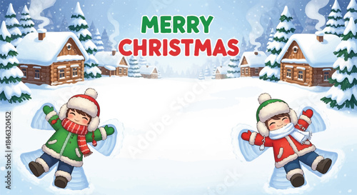 Happy kids skating on candy cane frame for winter holiday background.