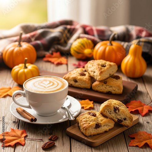 Wallpaper Mural Autumn Afternoon Tea setting.  A rustic wooden table set with a pumpkin spice latte (in a teacup), maple pecan scones, and scattered fall leaves and small gourds. Soft, w Torontodigital.ca