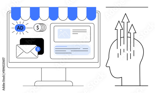 Digital marketing concept. Digital tools thumbs up ads, email, and analytics driving growth. Digital marketing impacts online business strategy and customer engagement. For e-commerce, startups