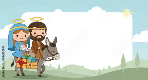 Holy family christmas travel cartoon frame background.