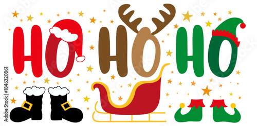 Ho Ho Ho Santa Typography — Christmas Text with Sleigh, Boots and Elf Shoes