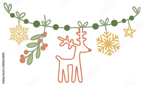 Christmas Garland with Reindeer, Holly, Snowflakes and Stars on String