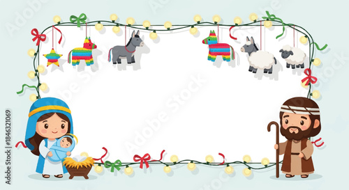 Nativity scene frame with cartoon characters, lights, and piñatas.
