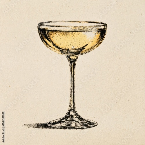 Vintage style illustration of a champagne coupe glass with a bubbly drink inside.
