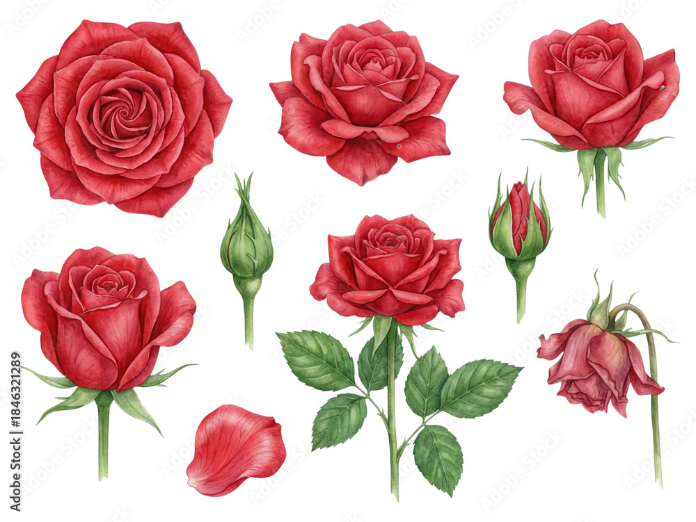 Fototapeta premium Red Rose Collection: Watercolour Botanical Illustration of Life Cycle