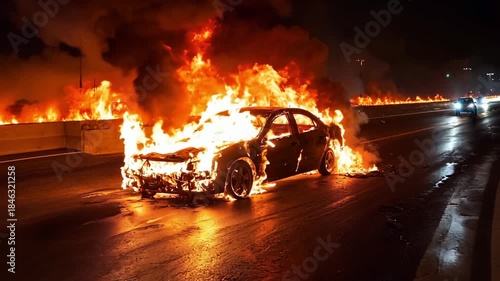 A car is engulfed by flames on the side of the road