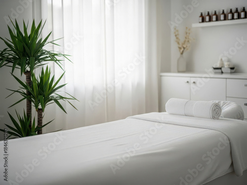 Serene white bedroom with plant isolated on white background