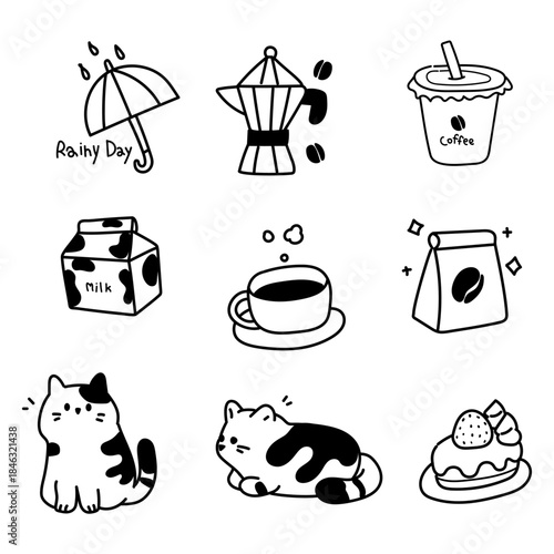 Cute doodle icon vector set with coffee cat illustration drawing sketch line outline cafe food drink