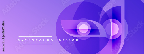 Abstract purple design features overlapping circles, squares. Gradient colors create modern visual effect. Text reads background design.