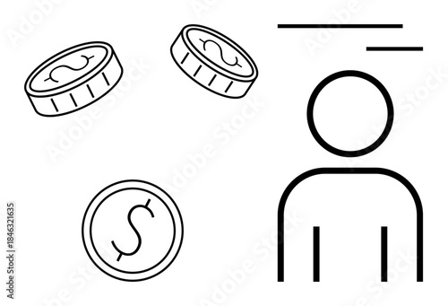 Financial management, personal wealth, economic decision-making, savings, budgeting, business strategy. Line art showing coins and a person. Financial management and personal wealth concepts