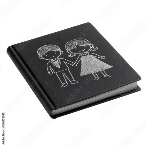 Black photo album with a cartoon couple illustration on the cover, symbolizing memories and relationships.