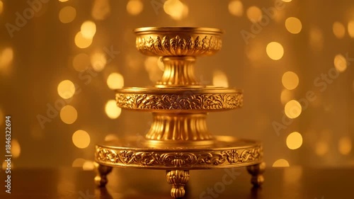 Elegant gold ornate dessert stand with soft light bokeh background