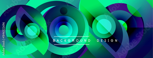 Abstract vibrant design features overlapping circles, geometric shapes, gradients. Green, purple hues dominate composition. Modern aesthetic.