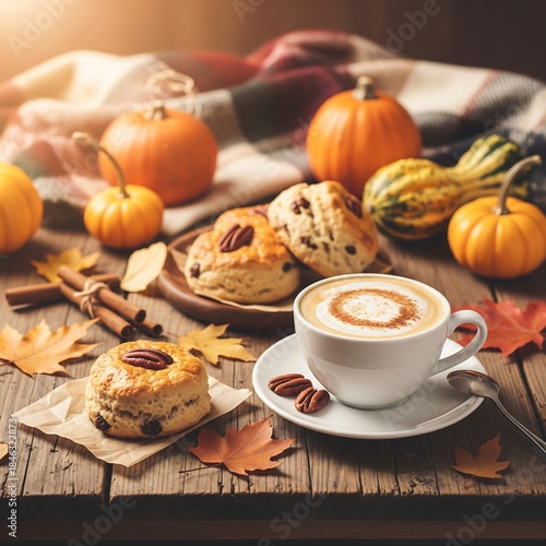Wallpaper Mural Autumn Afternoon Tea setting.  A rustic wooden table set with a pumpkin spice latte (in a teacup), maple pecan scones, and scattered fall leaves and small gourds. Soft, w Torontodigital.ca