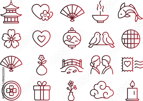 A collection of delicate red line icons representing traditional japanese culture including temples hearts fans and blossoming flowers