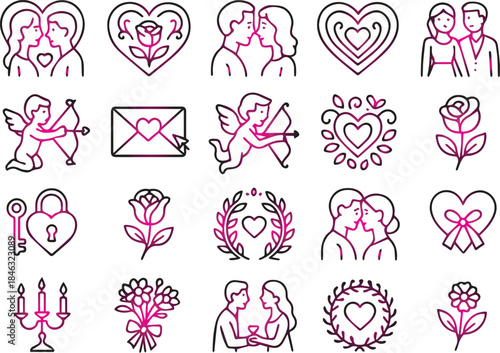 A collection of romantic line icons depicting couples hearts roses cupid and love symbols for valentine s day designs