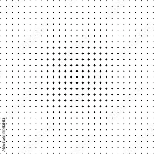 Halftone vector template of black stars gradually decreasing from the center to the edge. Lattice gradient transition. Particles breaking radially.