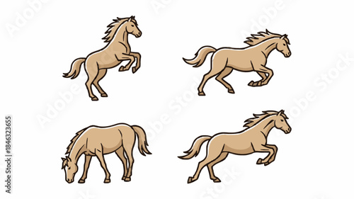 Horse Illustrations in Minimalist Style Galloping Jumping and Grazing in Tan and Brown
