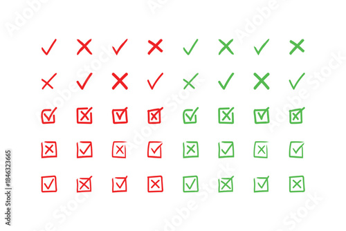 Hand Drawn Check Mark and Cross Mark Icon Set