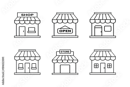 Shop and Store Building Line Icons Set with Open Sign