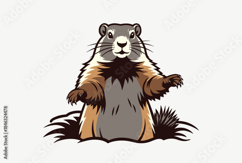 A charming cartoon groundhog peeks out of its burrow with a friendly expression, isolated on a white background.