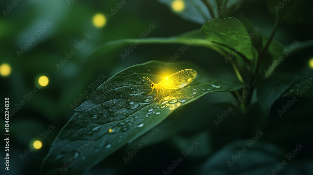 Obraz premium Magical firefly glowing on leaf in nighttime forest 