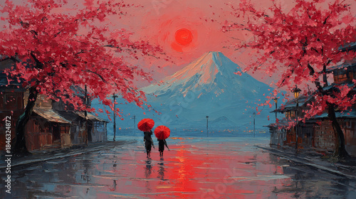 Romantic couple under cherry blossoms with Mount Fuji
