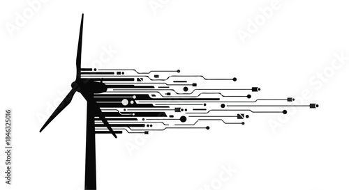 Modern wind turbine connected to a digital network, symbolizing renewable energy and technological advancement.
