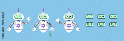 Set of artificial intelligence illustrations. Cute robot assistant character with different faces and poses. Hand drawn vector illustration on blue background.