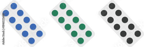 Tablet Pill Blister Pack Set with Round Medicine Tablets in Flat Vector Style