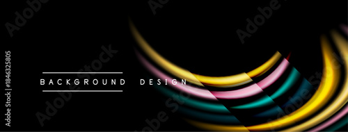 Abstract colorful lines overlap black background. Modern design elements create dynamic visual effect. Simple text labels bottom corner.