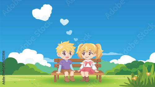 Romantic young couple sitting and talking on chairs in a public park under heart-shaped Cloud. Happy Boy and Girl happily conversing in love. Vector Landscape with Copy Space.
