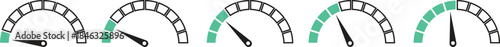 Speed Meter Icon set. Speed indicator sign. Performance concept. Fast speed sign. Vector level of performance. Speed dial indicator. Infographic of risk, gauge, score progress.