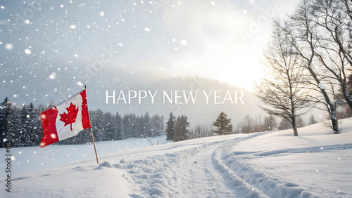 Canadian flag waves in snowy landscape with trees and happy new year text, winter scenery with snowflakes and tire tracks