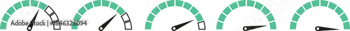Speed Meter Icon set. Speed indicator sign. Performance concept. Fast speed sign. Vector level of performance. Speed dial indicator. Infographic of risk, gauge, score progress.