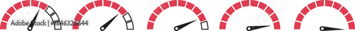 Speed Meter Icon set. Speed indicator sign. Performance concept. Fast speed sign. Vector level of performance. Speed dial indicator. Infographic of risk, gauge, score progress.