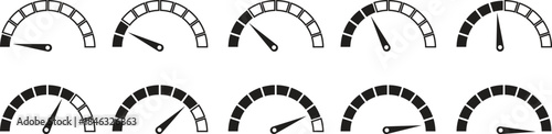 Speed Meter Icon set. Speed indicator sign. Performance concept. Fast speed sign. Vector level of performance. Speed dial indicator. Infographic of risk, gauge, score progress.