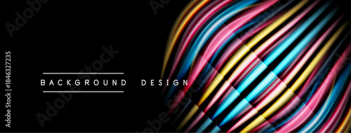 Abstract colorful lines flow across black background. Modern design elements create dynamic visual impact. Text reads background design.