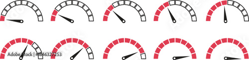 Speed Meter Icon set. Speed indicator sign. Performance concept. Fast speed sign. Vector level of performance. Speed dial indicator. Infographic of risk, gauge, score progress.