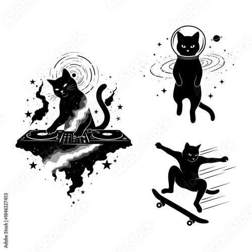 Whimsical Black Cat Illustrations in Space and DJing Scenes.